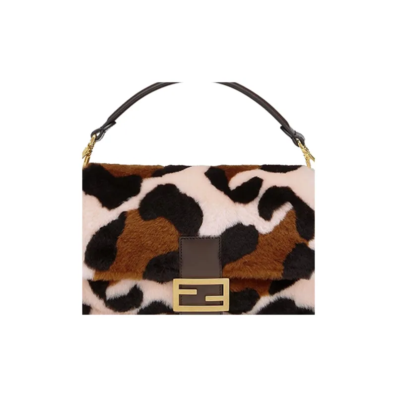 FENDI Baguette Sheepskin Cow Leather Patchwork Shoulder Bag Crossbody Bag Handbag Medium Size Women's Brown/Light Pink-4