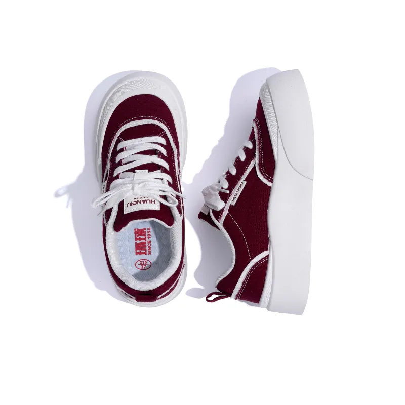 HUANQIU Height Increasing Abrasion Resistant Low Top Canvas Shoes Women's White Red-5