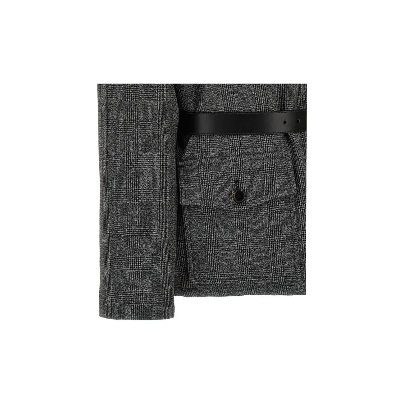 PRADA Triangle-Logo Belted Checked Jacket-5