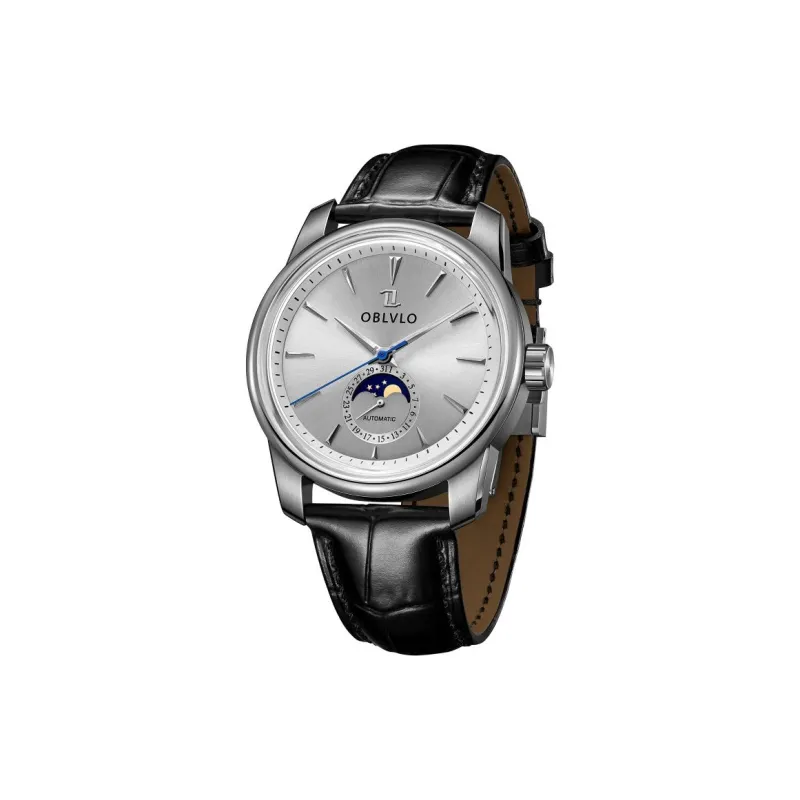 OBLVLO Automatic Mechanical Movement Genuine Leather Strap Watch Men's Watches Gold Dial-6
