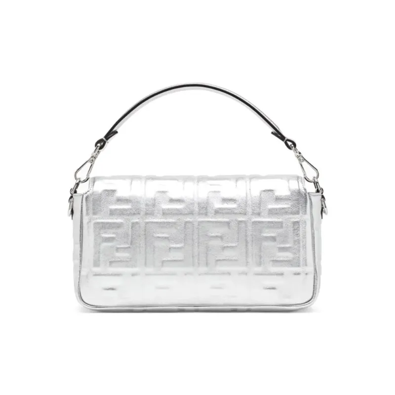 FENDI Baguette Cow Leather Shoulder Bag Crossbody Bag Handbag Medium Size Women's Silver-2