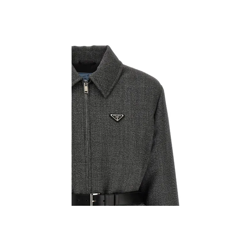 PRADA Triangle-Logo Belted Checked Jacket-4