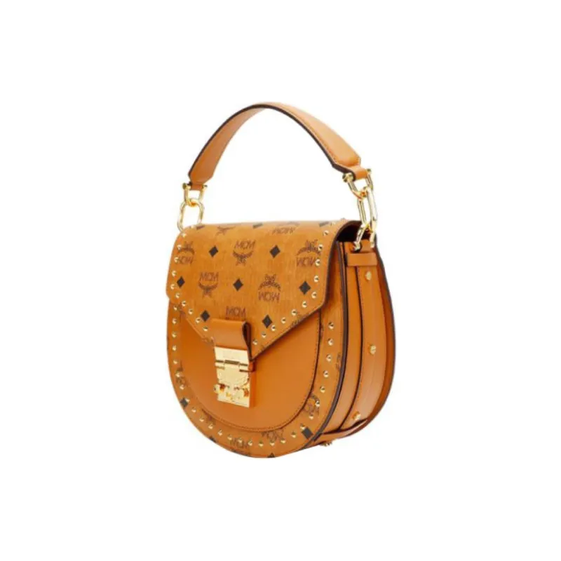 MCM Patricia Visetos Cow Leather Saddle Bag, Crossbody Bag, Shoulder Bag, Handbag Small Size Women's Brown Cognac-1