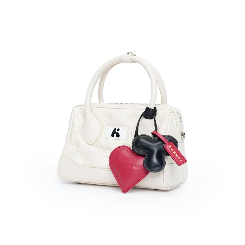 Karkki Cow Leather Boston Bag, Crossbody Handbag Medium Size Women's White-1