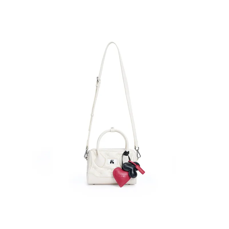 Karkki Cow Leather Boston Bag, Crossbody Handbag Medium Size Women's White-3
