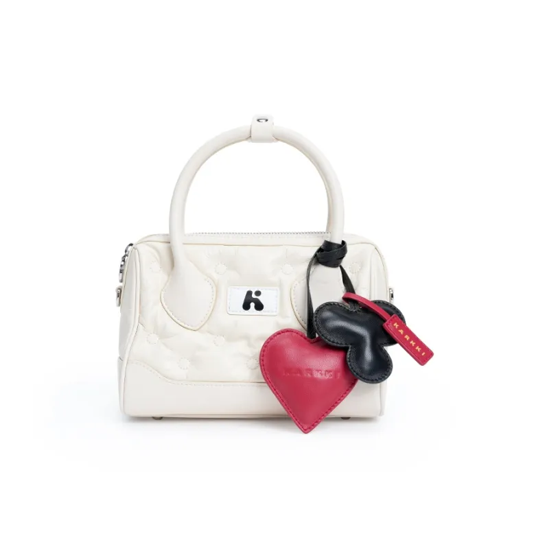 Karkki Cow Leather Boston Bag, Crossbody Handbag Medium Size Women's White-2