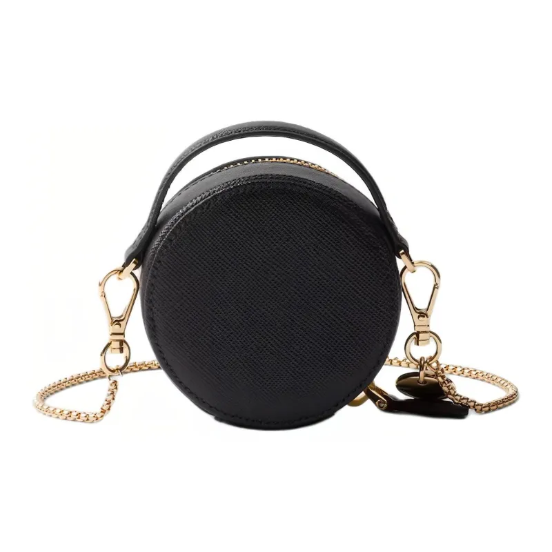 PRADA Saffiano Leather Small Round Bag Portable Crossbody Bag Shoulder Bag Women's Black-3