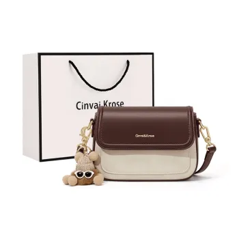 CinvaiKrose Cow Leather With Synthetic Leather Shoulder Bag, Crossbody Bag Small Size Women's Ecru & Coffee
