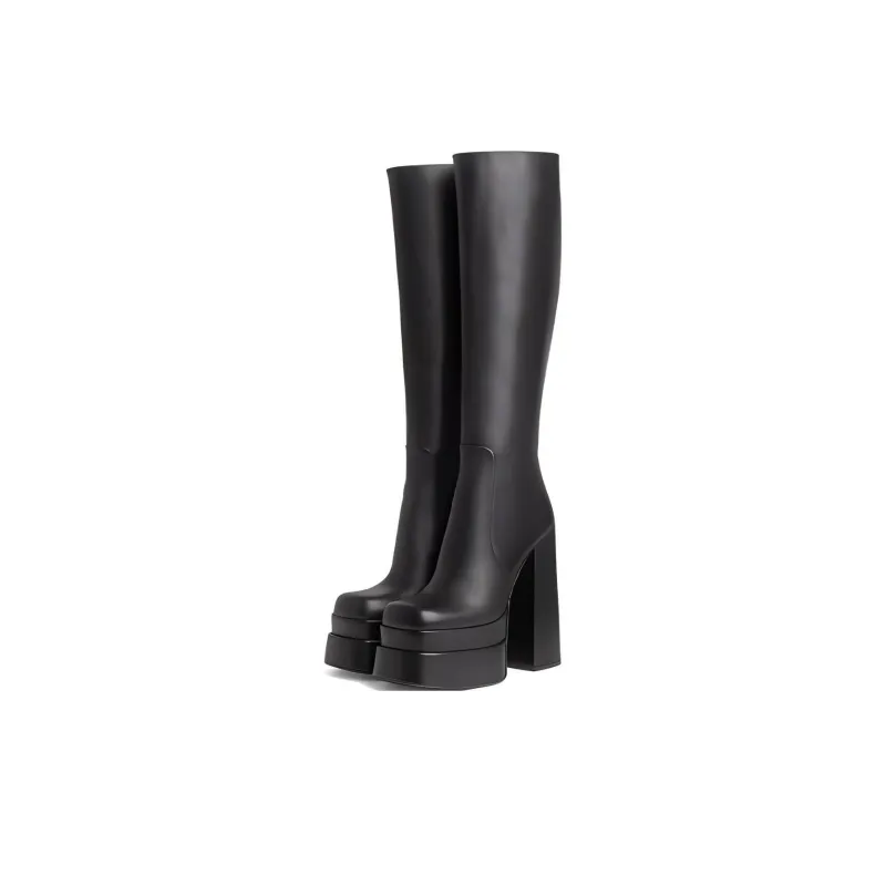 VERSACE Leather Platform Knee high Boots Women's Black-2