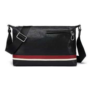 LARTIGENT Top Grain Cow Leather Crossbody Bag Medium Size Men's Black Red Stripes/Black Blue Stripes