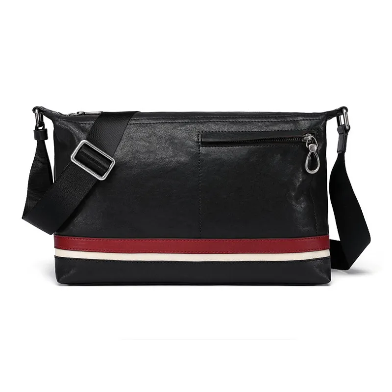 LARTIGENT Top Grain Cow Leather Crossbody Bag Medium Size Men's Black Red Stripes/Black Blue Stripes-0