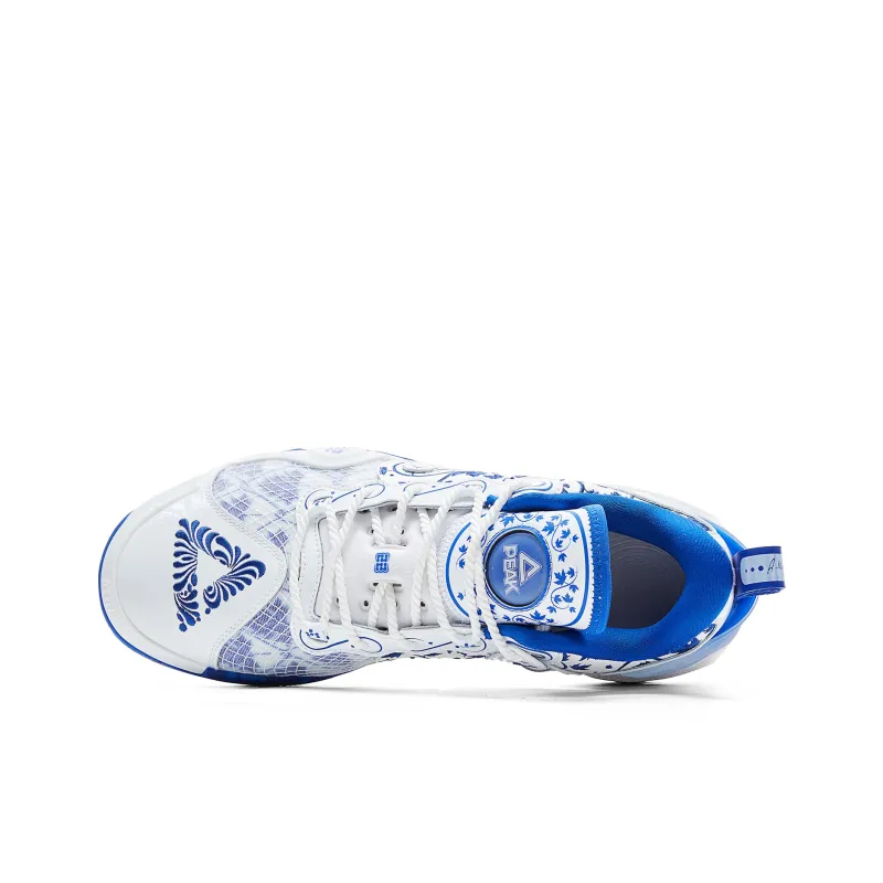 PEAK Basketball Shoes Men Low Top All White Bright Light Blue-3