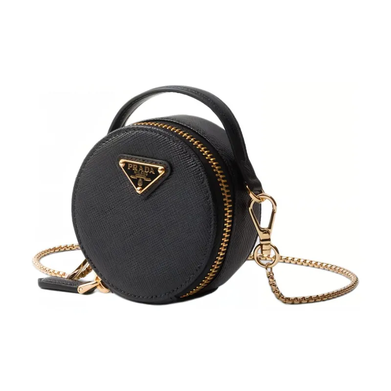 PRADA Saffiano Leather Small Round Bag Portable Crossbody Bag Shoulder Bag Women's Black-1