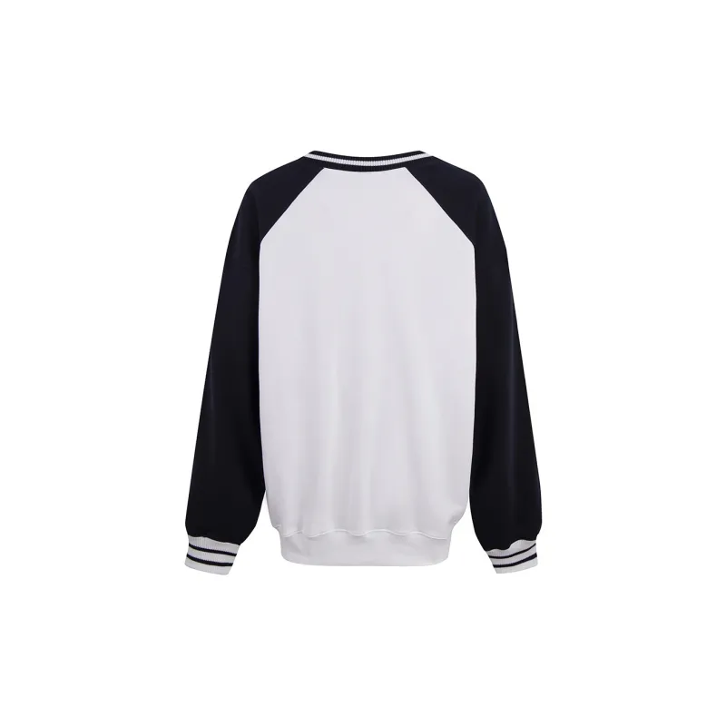 Ariseism Regular Color Block V Neck Jersey Style Long Sleeved T Shirt, Fall Upper Width Loose Fit Women's-1