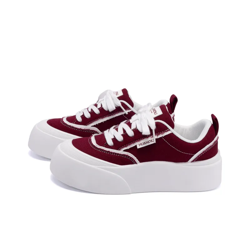 HUANQIU Height Increasing Abrasion Resistant Low Top Canvas Shoes Women's White Red-1