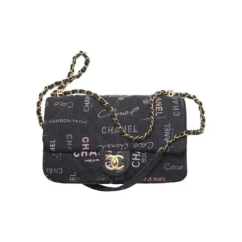 CHANEL Denim Shoulder Bag Large Size Women's Black Gold