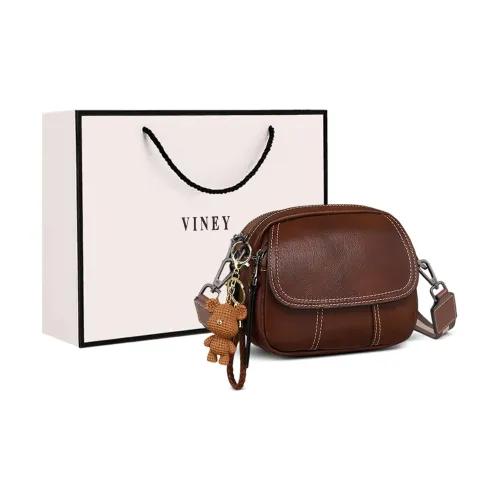 VINEY Cow Leather Shoulder Bag, Crossbody Bag, Small Round Bag Small Size Women's Vintage Brown