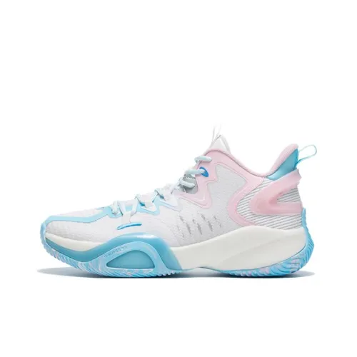QIAODAN Anti Slip Wear Resistant Mid Top Basketball Shoes Men's White Blue Pink