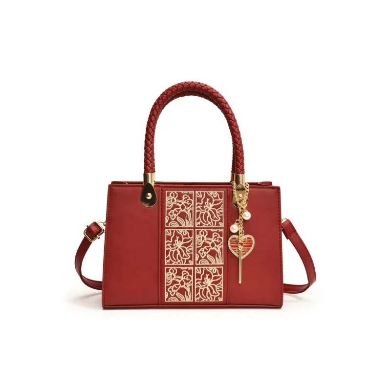 Yalu PU Handbag, Shoulder Bag, Crossbody Bag Regular Women's Black/Red Rust Stitching/Contrasting Red/Ecru-5