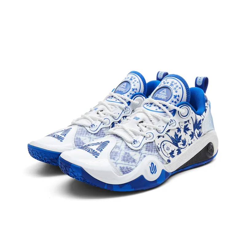 PEAK Basketball Shoes Men Low Top All White Bright Light Blue-2