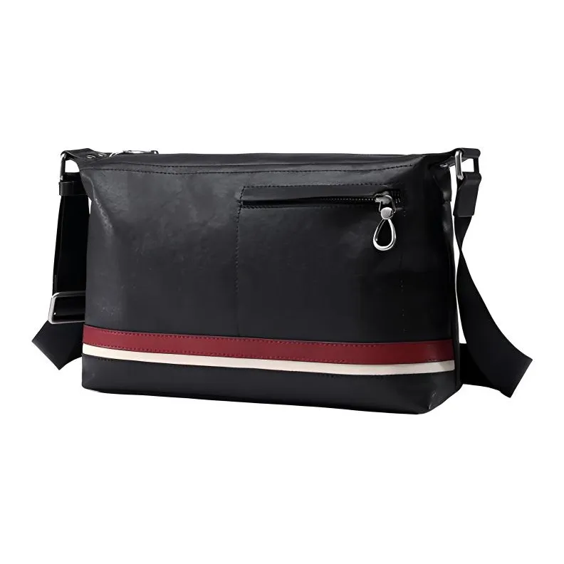 LARTIGENT Top Grain Cow Leather Crossbody Bag Medium Size Men's Black Red Stripes/Black Blue Stripes-1