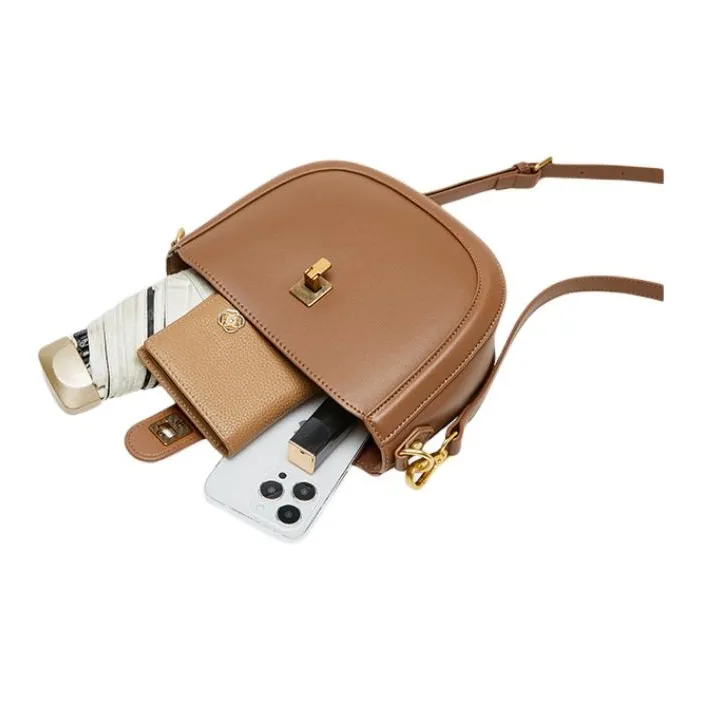 15 MINS Cow Leather Patchwork Synthetic Leather Saddle Bag Shoulder Bag Crossbody Bag Regular Women's Cocoa Brown-1