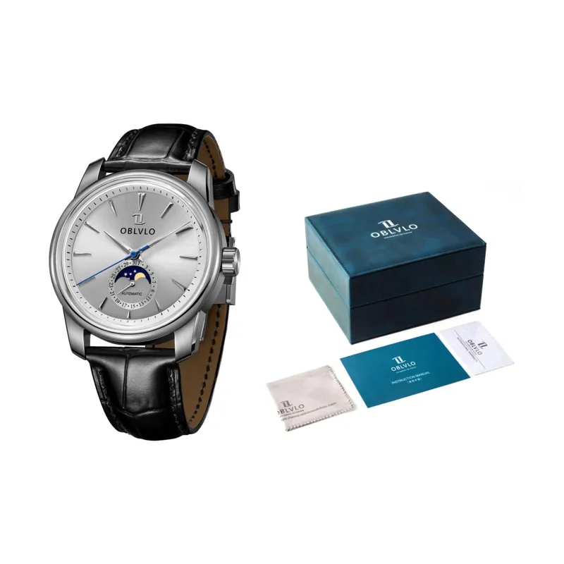 OBLVLO Automatic Mechanical Movement Genuine Leather Strap Watch Men's Watches Gold Dial-7