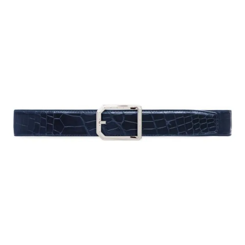 STEFANO RICCI Crocodile Leather Calfskin Palladium-Plated Leather Belts Unisex Blue Width: 3.8CM-0