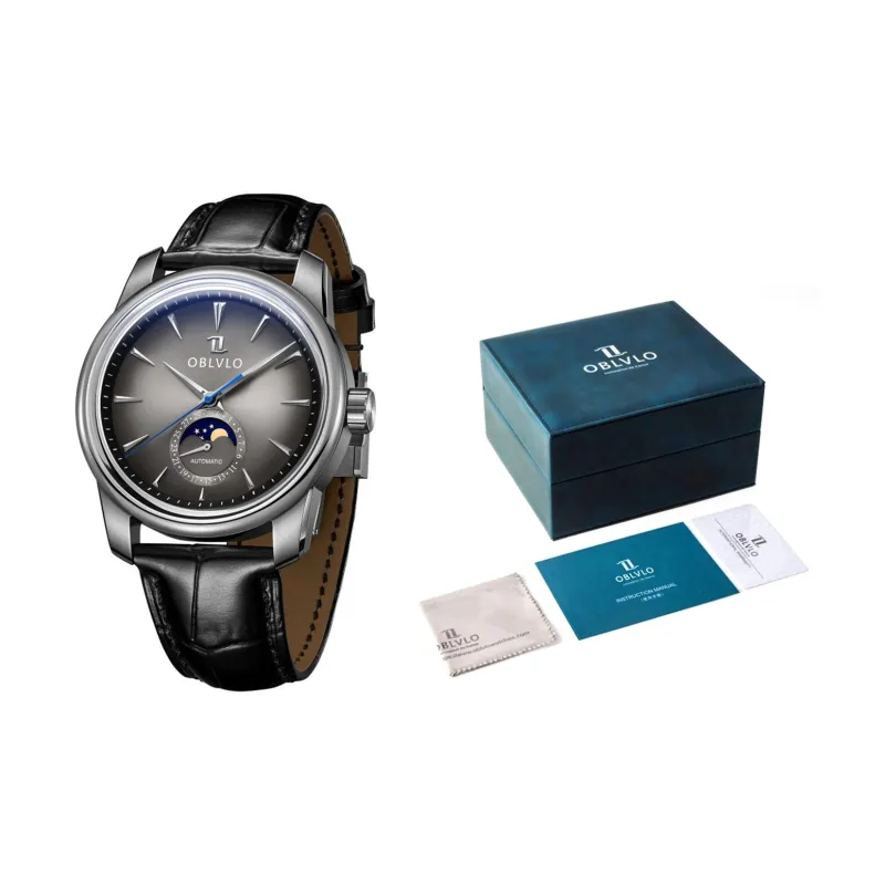 OBLVLO Automatic Mechanical Movement Genuine Leather Strap Watch Men's Watches Gold Dial-5