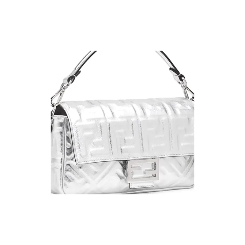 FENDI Baguette Cow Leather Shoulder Bag Crossbody Bag Handbag Medium Size Women's Silver-4