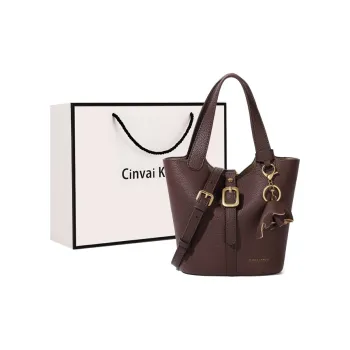 Simvay Clos Cow Leather With Synthetic Leather Shoulder Bag Crossbody Bag Bucket Bag Medium Size Women's Coffee/Black