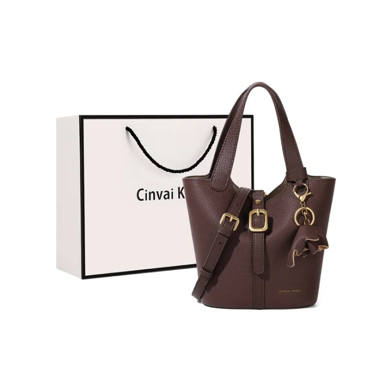 Simvay Clos Cow Leather With Synthetic Leather Shoulder Bag Crossbody Bag Bucket Bag Medium Size Women's Coffee/Black-0