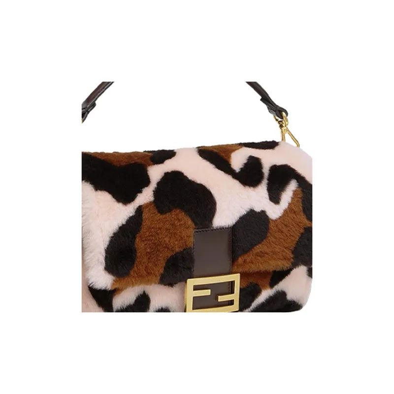 FENDI Baguette Sheepskin Cow Leather Patchwork Shoulder Bag Crossbody Bag Handbag Medium Size Women's Brown/Light Pink-5