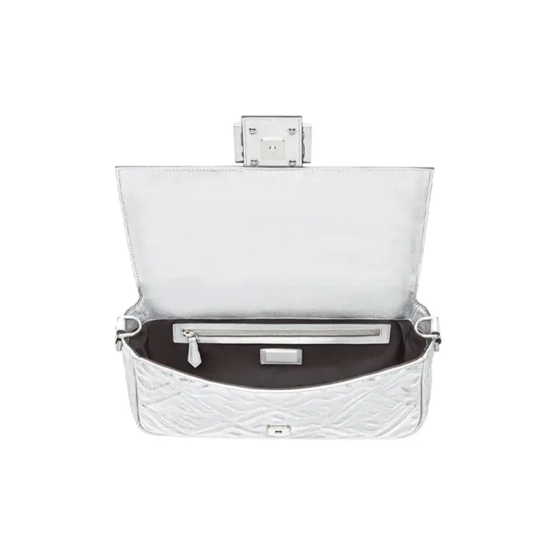 FENDI Baguette Cow Leather Shoulder Bag Crossbody Bag Handbag Medium Size Women's Silver-3