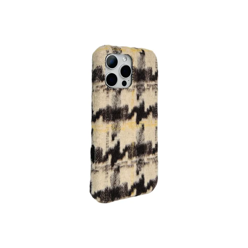 Wei Xin Plush Material Black Apricot Houndstooth Phone Cases Compatible With IPhone 16/15 Pro Max/Apple 13/14 Pro/Max-5