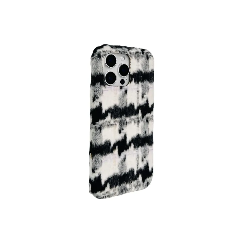 Wei Xin Plush Material Black Apricot Houndstooth Phone Cases Compatible With IPhone 16/15 Pro Max/Apple 13/14 Pro/Max-1