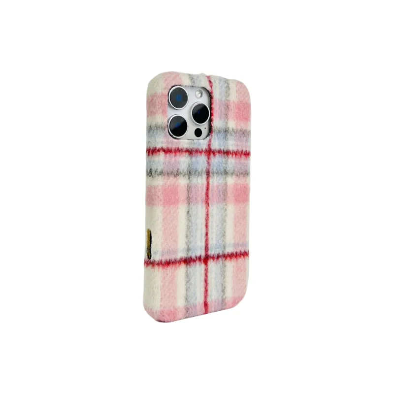 Wei Xin Plush Material Pink Blue Plaid Phone Cases Compatible With IPhone 16/15 Pro Max/Apple 13/14 Pro/Max-1