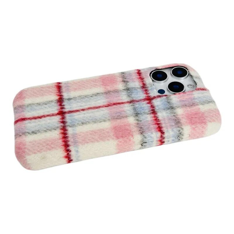 Wei Xin Plush Material Pink Blue Plaid Phone Cases Compatible With IPhone 16/15 Pro Max/Apple 13/14 Pro/Max-3