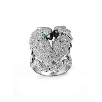 CARTIER 18K White Gold Mother Of Pearl Emerald Diamond Rings Women's Silver
