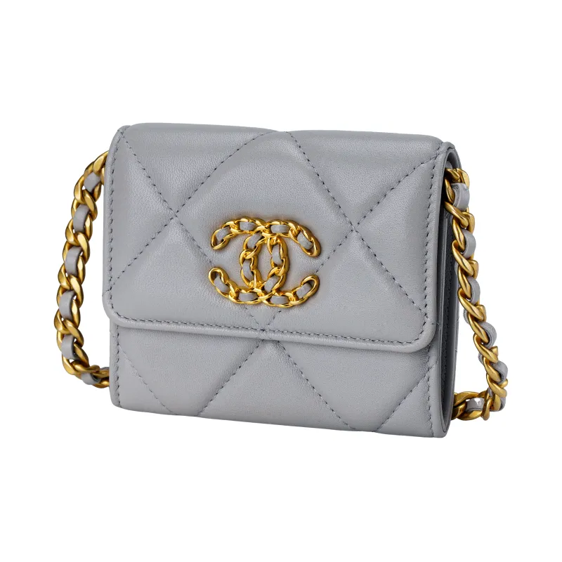 CHANEL 19Bag Sheepskin Flap Crossbody Portable Coin Purse Wallet Women's Gray-1