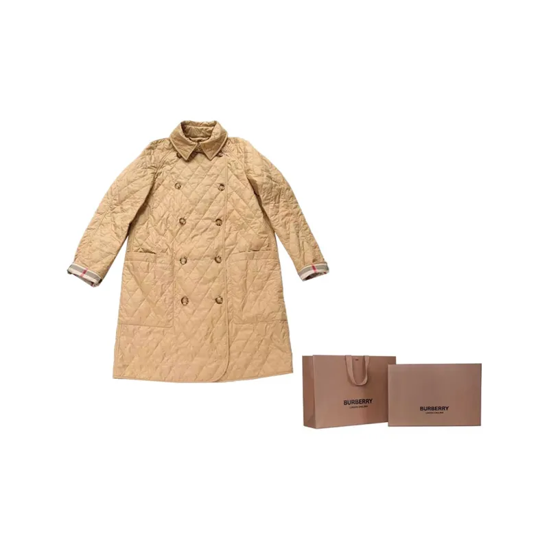 Burberry Tything Diamond Quilted Long Jacket Beige S Without