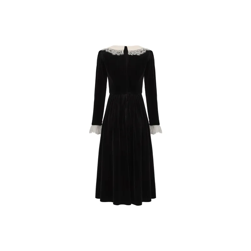 CHIWAWAMEME Long Sleeved Dress Women's Velour Black & Apricot-1