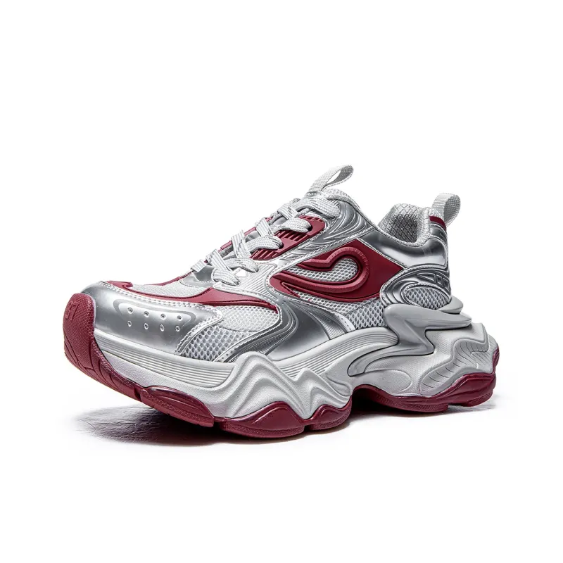 MQ Anti Slip Wear Resistant Low Top Chunky Sneakers Women's Silver Red-1