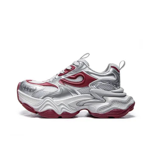 MQ Anti Slip Wear Resistant Low Top Chunky Sneakers Women's Silver Red
