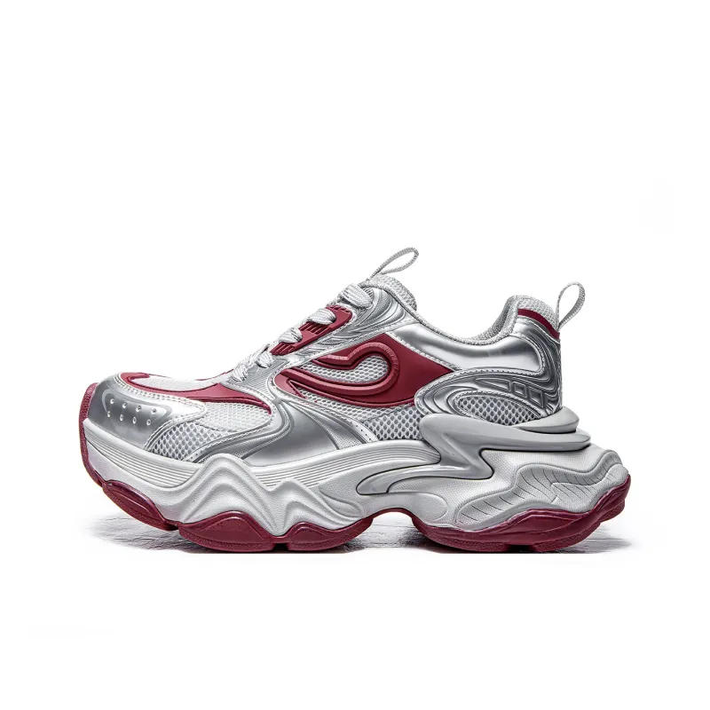 MQ Anti Slip Wear Resistant Low Top Chunky Sneakers Women's Silver Red-0