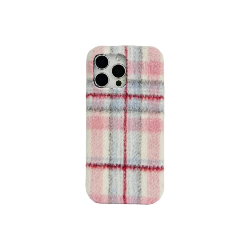 Wei Xin Plush Material Pink Blue Plaid Phone Cases Compatible With IPhone 16/15 Pro Max/Apple 13/14 Pro/Max-0