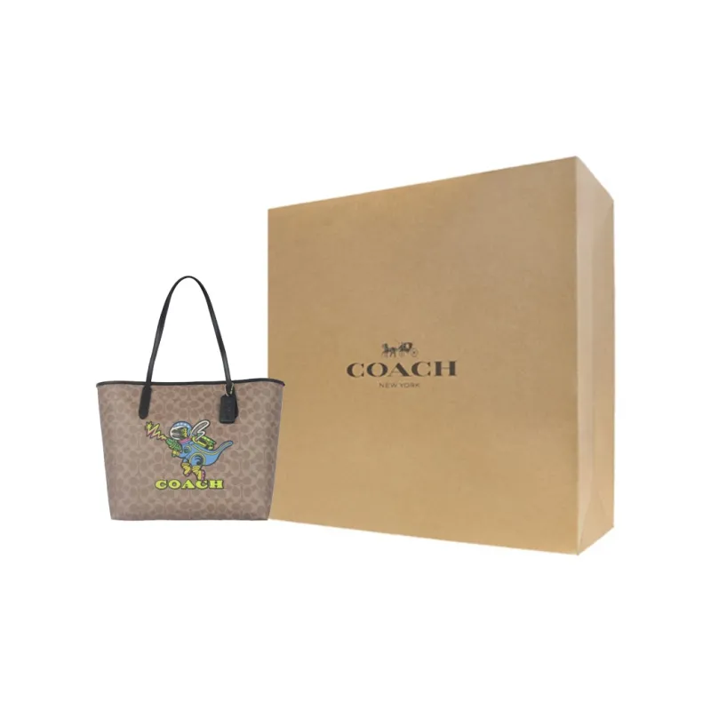 COACH PVC Tote Bag Shopping Bag Handbag Women's Khaki Color Blocking-7