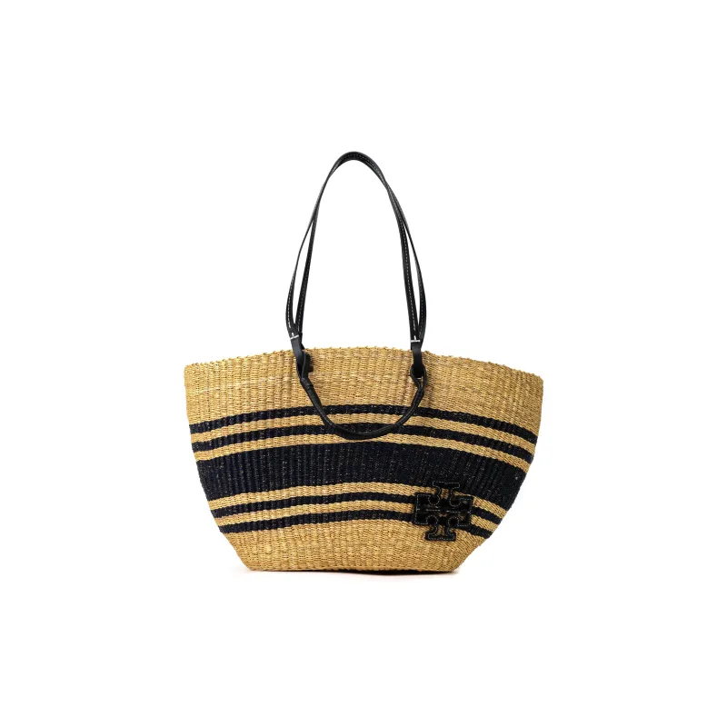 TORY BURCH Ella Raffia With Leather Trim Basket Bag Tote Bag Shopping Bag Shoulder Bag Handbag Women's Natural/Black-0