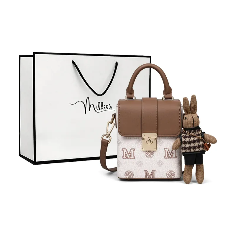 MILLIE'S Synthetic Leather Handbag, Shoulder Bag, Crossbody Bag, Cell Phone Pouch Regular Women's Ecru & Brown-0