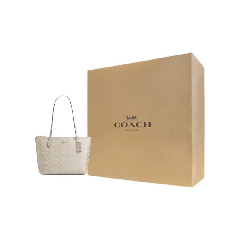 COACH Zip Top Tote Artificial Leather Tote Medium Size Women's Champagne Mixed Color-6